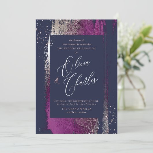 Shine, Winter Bliss Cassis Brush Strokes Navy Einladung (Stehend Vorderseite)
