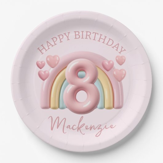 Shiny 3D Rainbow 8th Birthday Party for Girl Pink Pappteller (Vorderseite)
