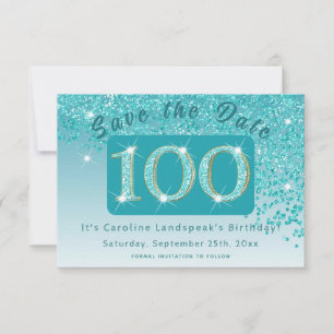 Shiny Aquamarin Blue Glitzer zum 100. Geburtstag Save The Date