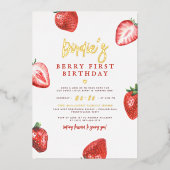 Shiny Berry First Strawberry Girl 1. Geburtstag Folieneinladung (Vorderseite)