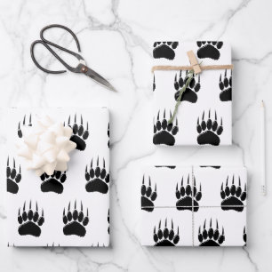 Shiny Black Bar Paw Print Geschenkpapier Set