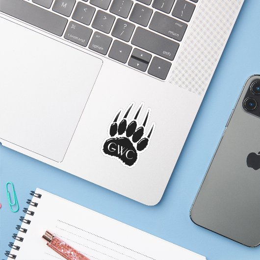Shiny Black Bar Paw Print Monogram Aufkleber (Laptop mit iPhone)