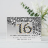 Shiny Black Glitzer für Sweet 16 Party Save The Date (Stehend Vorderseite)