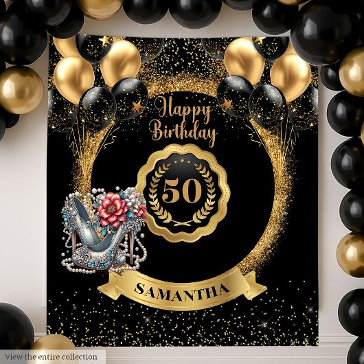 Shiny Black Gold Silver 50. Geburtstag Hintergrund Wandteppich