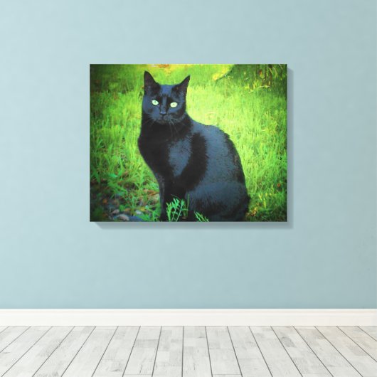 Shiny Black Kitty auf Gras Leinwanddruck (Insitu (Holzboden))