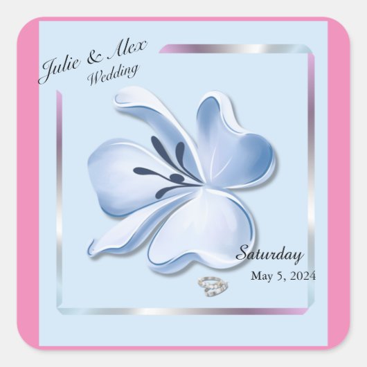 Shiny Blue Blume Wedding Labels Quadratischer Aufkleber (Vorderseite)