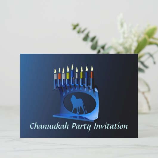 Shiny Blue Chanukkah Menorah Einladung (Stehend Vorderseite)
