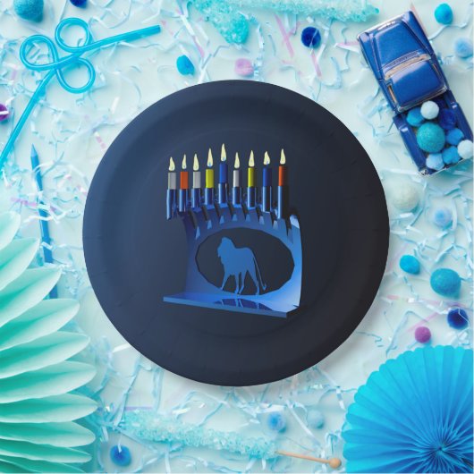 Shiny Blue Chanukkah Menorah Pappteller (Party)