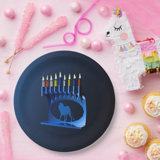 Shiny Blue Chanukkah Menorah Pappteller (Party)