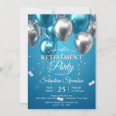 Shiny Blue und Silver Balloons Retirement Party Einladung (Vorderseite)