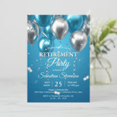 Shiny Blue und Silver Balloons Retirement Party Einladung (Stehend Vorderseite)