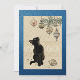 Shiny Blue Vintag Black Cat mit Blick auf Ornament Feiertagskarte