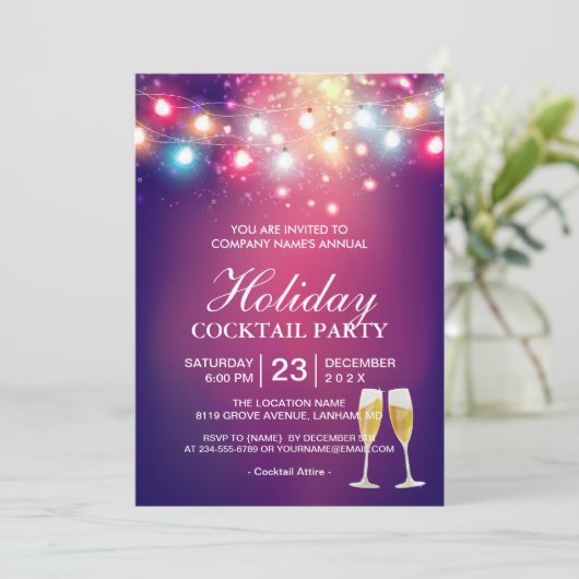 Shiny Bokeh String Lights Holiday Cocktail Party Einladung (Stehend Vorderseite)