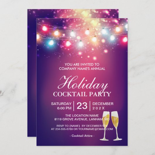 Shiny Bokeh String Lights Holiday Cocktail Party Einladung (Vorne/Hinten)