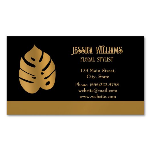 Shiny Bronze Blume Monstera Blätter auf schwarz Magnetische Visitenkarte (Vorderseite)