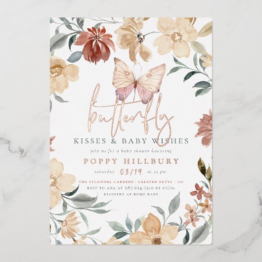 Shiny Butterfly Kisses & Wishings Girl Baby Shower Folieneinladung (Vorderseite)