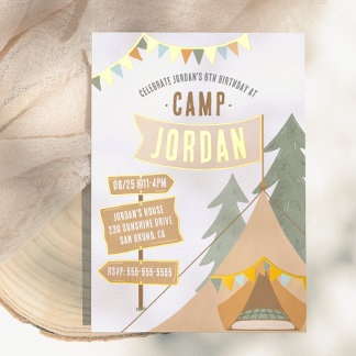 Shiny Camping Outdoor Adventure Boy Birthday Party Folieneinladung