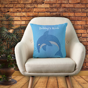 Shiny Cartoon Blue White Jumping Dolphin auf Blue Kissen