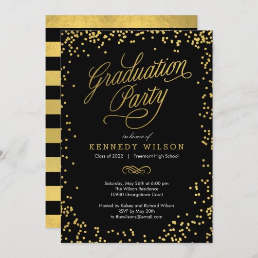 Shiny Confetti Graduation Party Einladung Black (Vorne/Hinten)