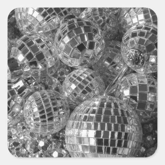 Shiny Disco Balls Schwarzweiß-Foto Quadratischer Aufkleber (Vorderseite)