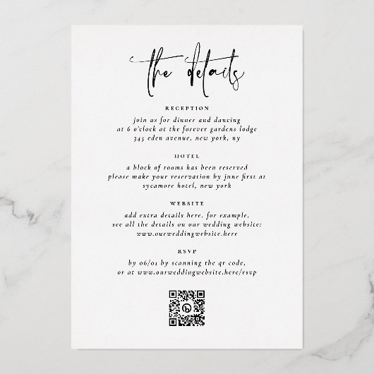 Shiny Elegant in einem QR Code 3 Foto Hochzeit Folieneinladung (Rückseite)