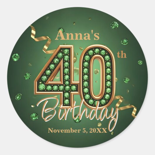 Shiny Emerald Green and Gold Accents 40th Birthday Runder Aufkleber (Vorderseite)