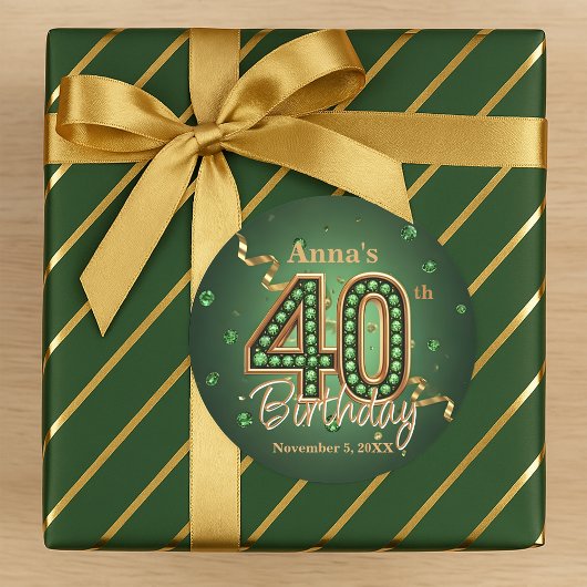 Shiny Emerald Green and Gold Accents 40th Birthday Runder Aufkleber