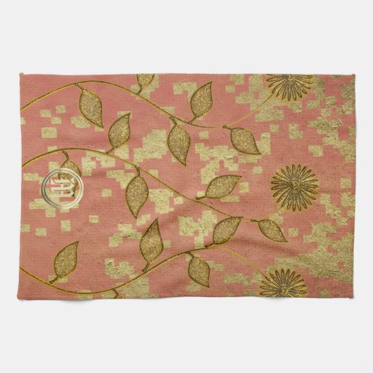 Shiny Floral Pink Mit Monogramm Geschirrtuch (Horizontal)