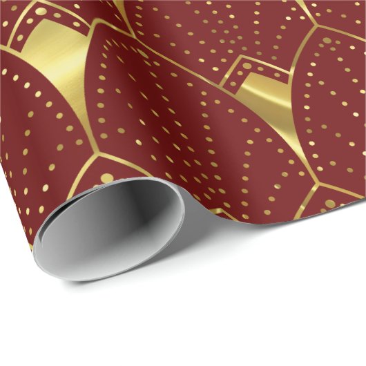 Shiny Gold Art Deco Muster auf braunem Rot Geschenkpapier (Rolleneckpunkt)