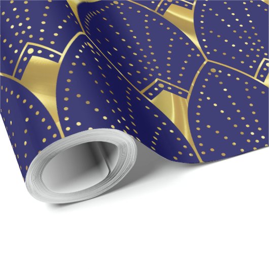 Shiny Gold Art Deco Muster auf dunkelblau Geschenkpapier (Rolleneckpunkt)