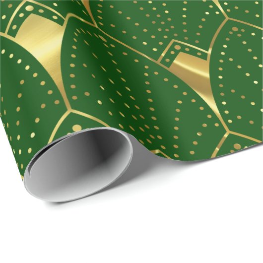 Shiny Gold Art Deco Muster auf Grün Geschenkpapier (Rolleneckpunkt)