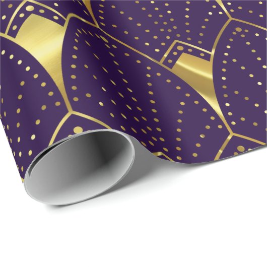 Shiny Gold Art Deco Muster auf Lila Geschenkpapier (Rolleneckpunkt)