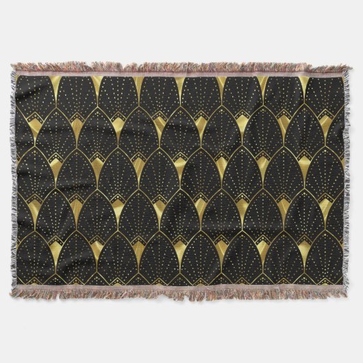 Shiny Gold Art Deco Muster auf schwarzem Hintergru Decke (Vorderseite)