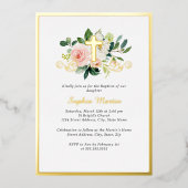 Shiny Gold Cross Rosa Bläsertaufen Folieneinladung (Vorderseite)