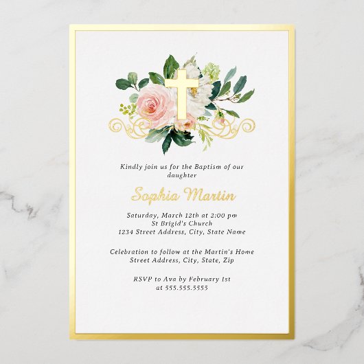 Shiny Gold Cross Rosa Bläsertaufen Folieneinladung (Vorderseite)