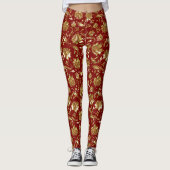 Shiny Gold & Dark Red Floral Damask Leggings (Vorderseite)