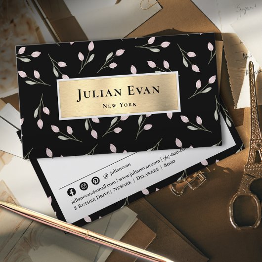 Shiny Gold Floral Black Business Card Visitenkarte