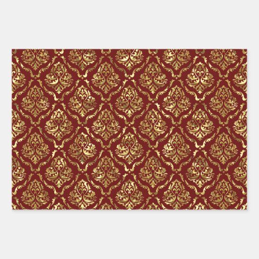 Shiny Gold Floral Damask auf schwarz, rot, grün Geschenkpapier Set (Vorderseite 2)