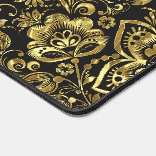 Shiny gold floral damasks on black custom monogram schreibtischunterlage (Ecke)