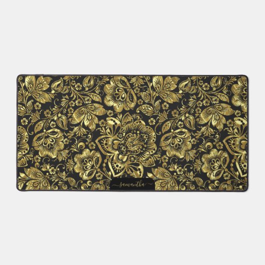 Shiny gold floral damasks on black custom monogram schreibtischunterlage (Vorderseite)
