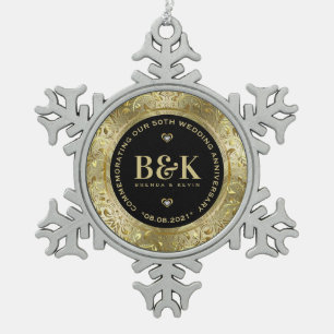 Shiny Gold Floral Frame 5oth Hochzeitstag Schneeflocken Zinn-Ornament