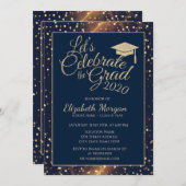 Shiny Gold Glitzer Graduation Cap, Dots, Navy Blue Einladung (Vorne/Hinten)
