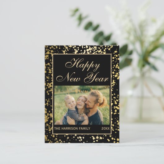 Shiny Gold Glitzer New Year Foto Black Postkarte (Stehend Vorderseite)