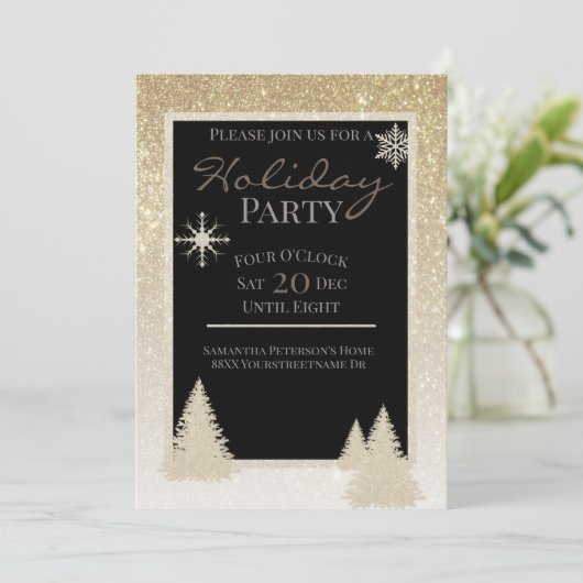 Shiny Gold Glitzer Schneeflocken und Pinienbäume Einladung (Stehend Vorderseite)