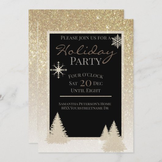 Shiny Gold Glitzer Schneeflocken und Pinienbäume Einladung (Vorne/Hinten)