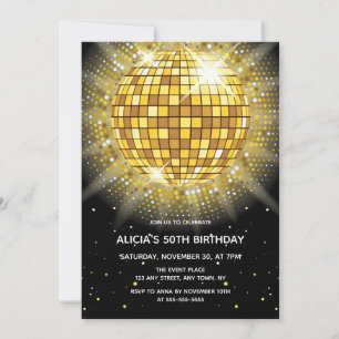 Shiny Gold Halftone Diskothek Ball Black Birthday Einladung