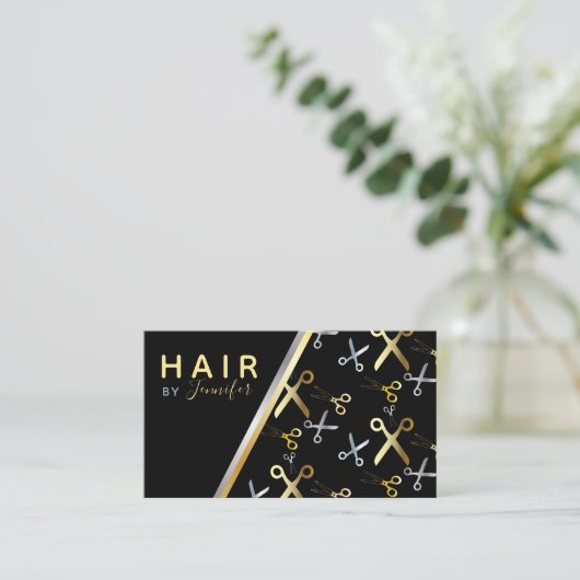 Shiny Gold & Silver Scissors Muster-Haarstylle Visitenkarte (Stehend Vorderseite)