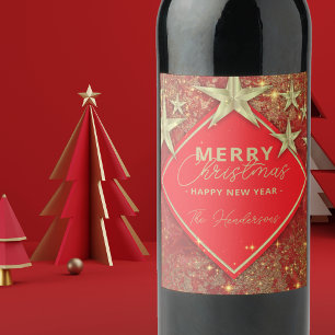 Shiny Gold Stars und Glitzer Roter Weihnachtsfeier Weinetikett