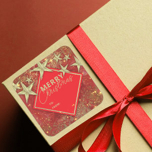 Shiny Gold Stars und Lights Roter Glitzer Weihnach Quadratischer Aufkleber