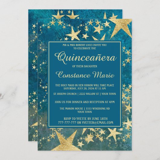 Shiny Gold und Blue Quinceanera Einladung (Vorne/Hinten)